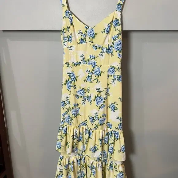 Abercrombie & Fitch Butter Yellow Ruffle Tiered Maxi Dress Blue Floral SZ M EUC - Picture 4 of 13